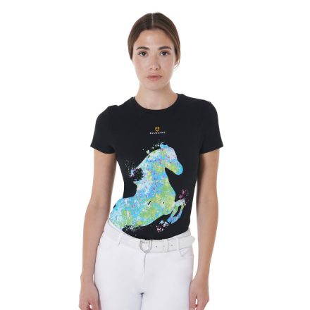 EQUESTRO WOMEN'S SLIM FIT T-SHIRT WITH ABSTRACT HORSE PRINT